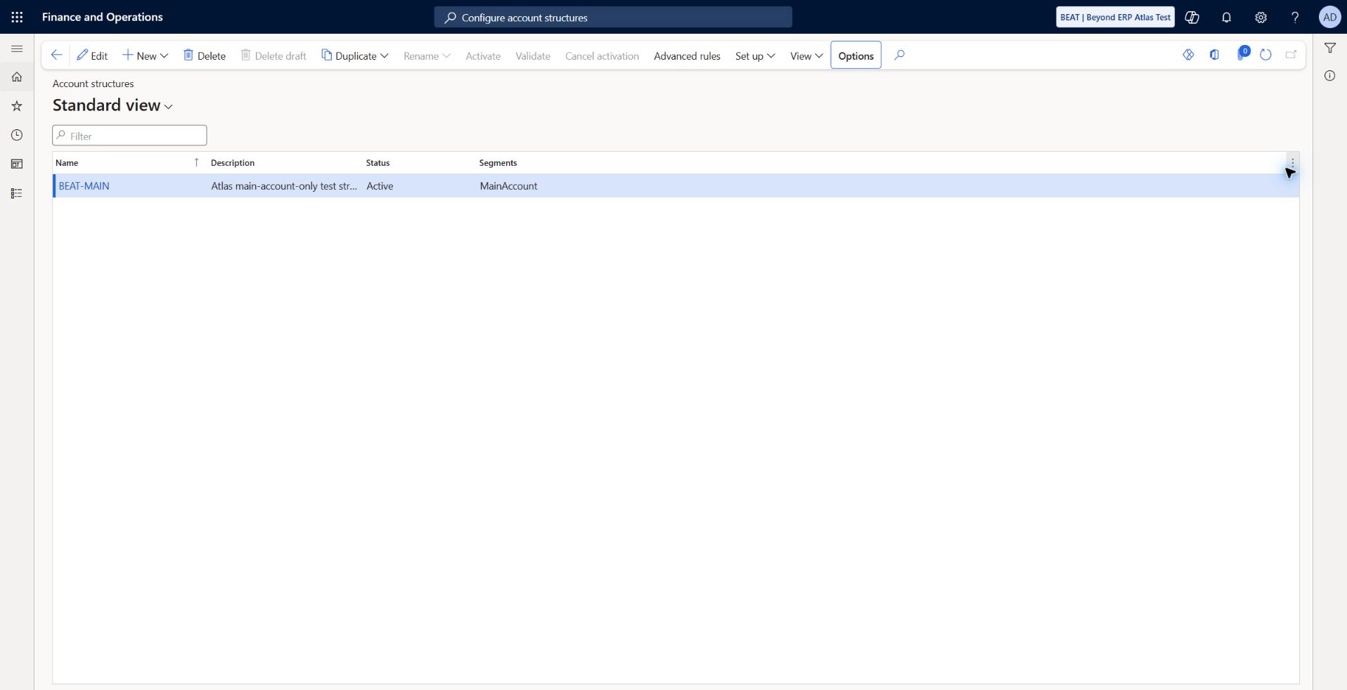 Configure account structures: BEAT-MAIN Active: Fresh 2026-10-07 capture shows BEAT-MAIN Active, MainAccount segment, with no error banner. This confirms the saved account structure, not transaction completion.
