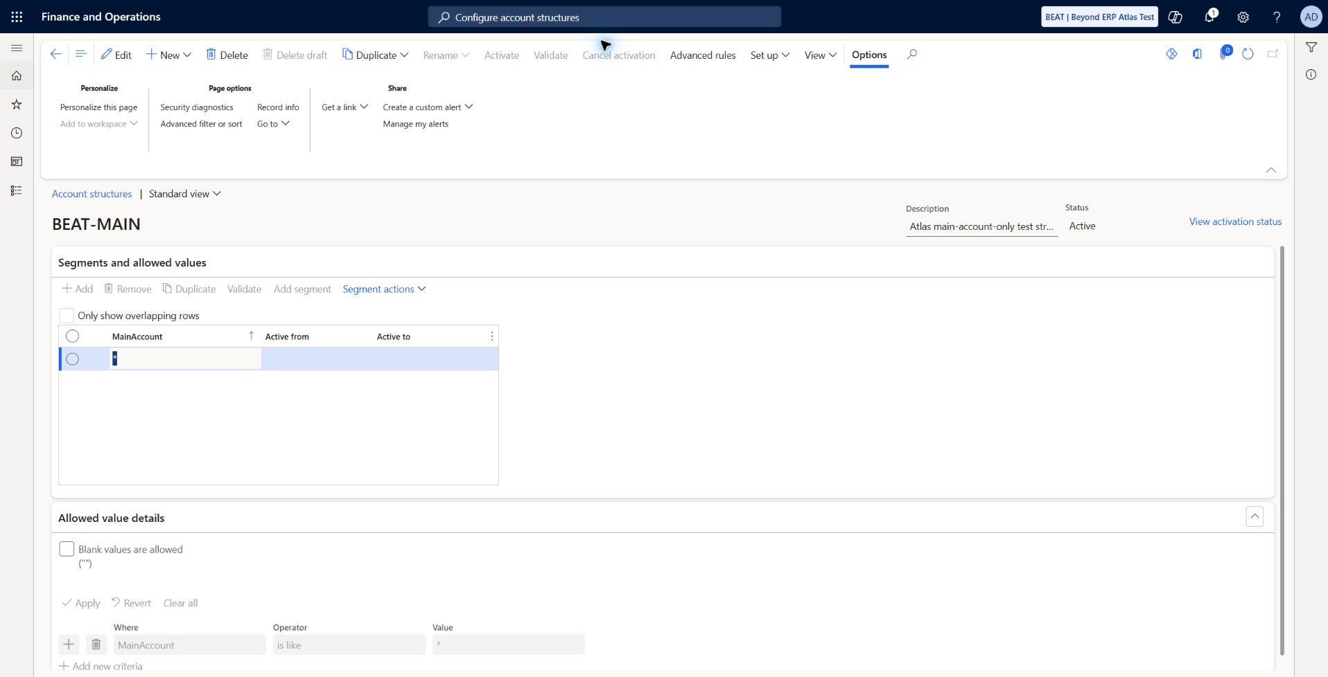 Account structures: BEAT-MAIN is Active, with MainAccount as the single segment and * as the allowed main-account criterion. No additional dimensions are required for this synthetic baseline.