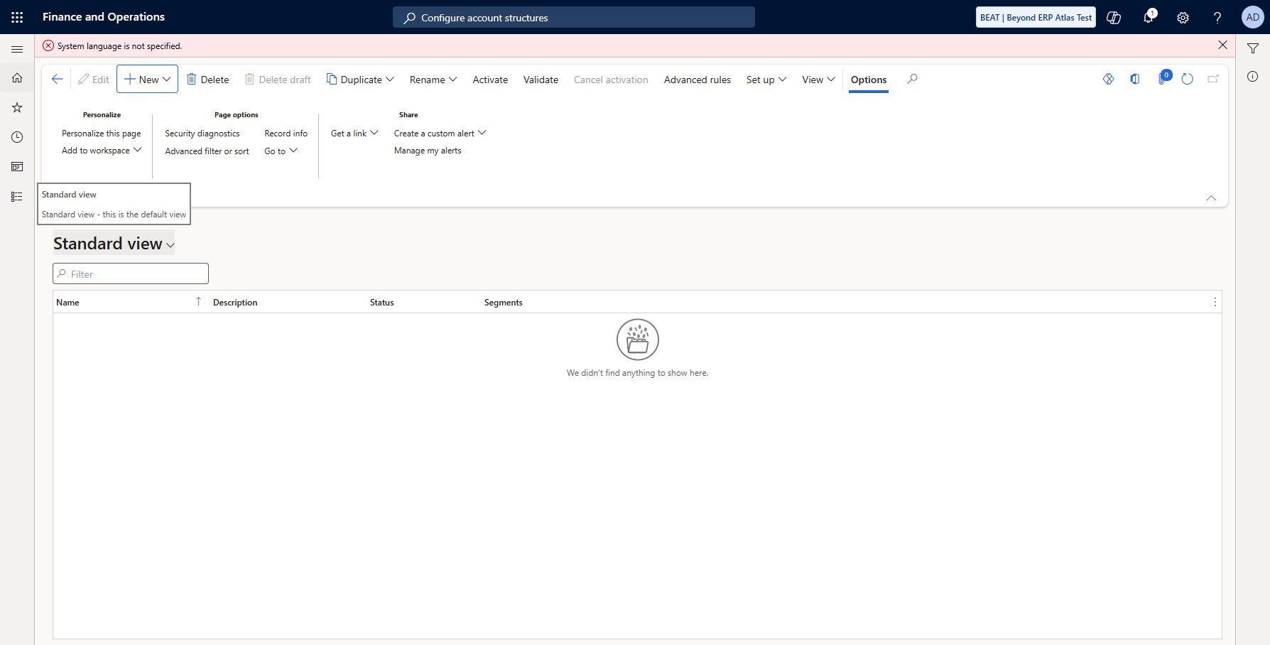 Account structures: prerequisite error: Historical failure: System language is not specified. The language correction is recorded separately; this screenshot does not prove activation success.