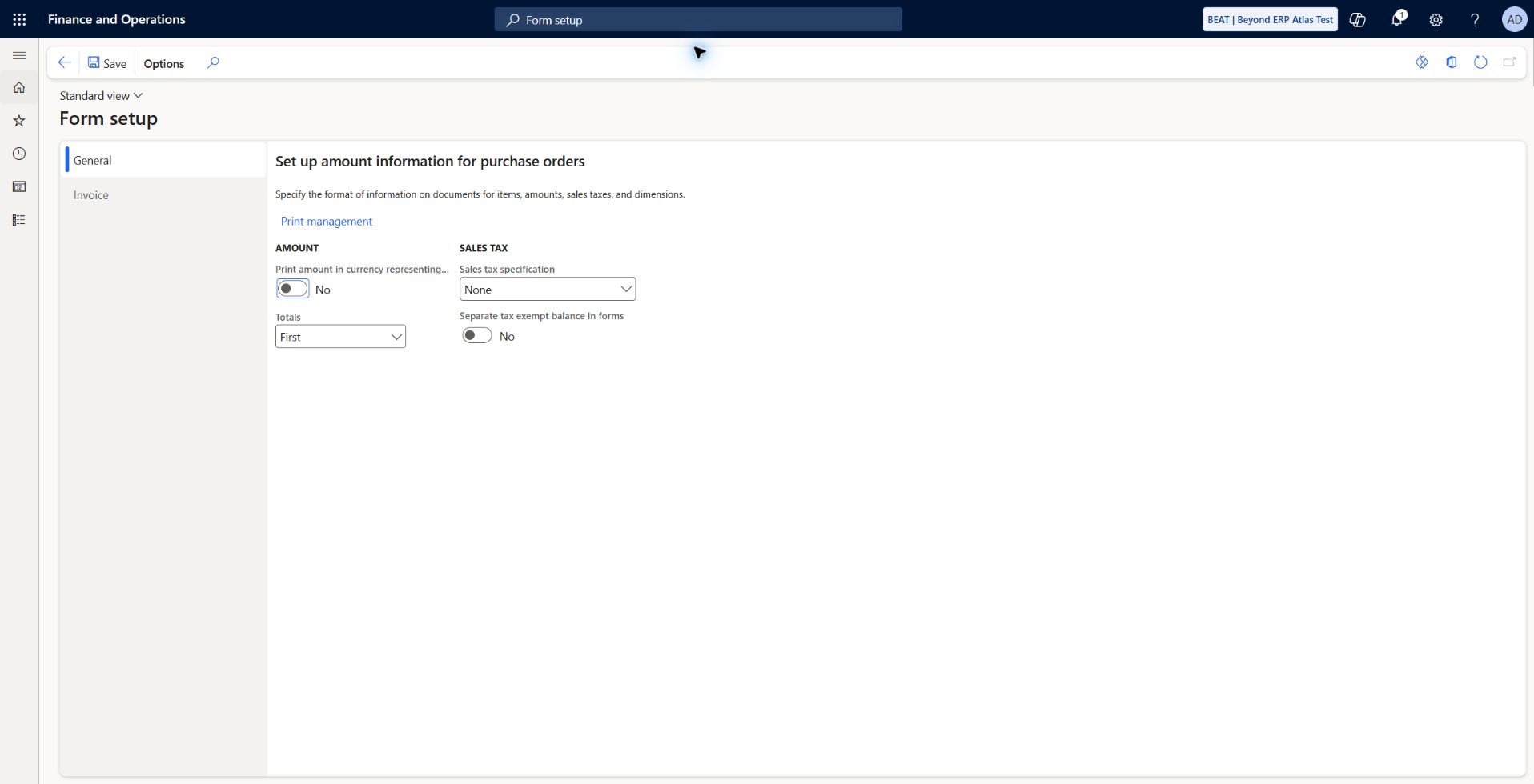 AP document form general settings: Observed General settings: print euro amount No, totals First, sales tax specification None, separate exempt balance No. Print management available; actual generated/printed vendor document layout remains unexecuted.