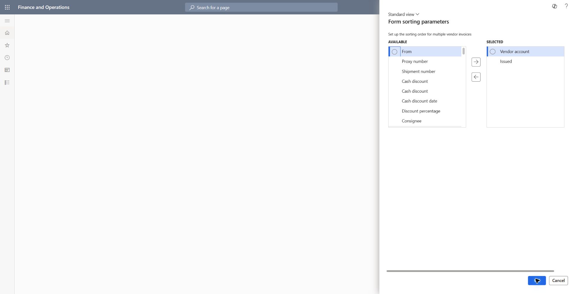 AP invoice output sorting saved: Added Vendor account then Issued to Selected, confirmed OK and reloaded F&O. Reopened sorting form confirms both keys persisted in that order. Multi-invoice print ordering still requires an output test.