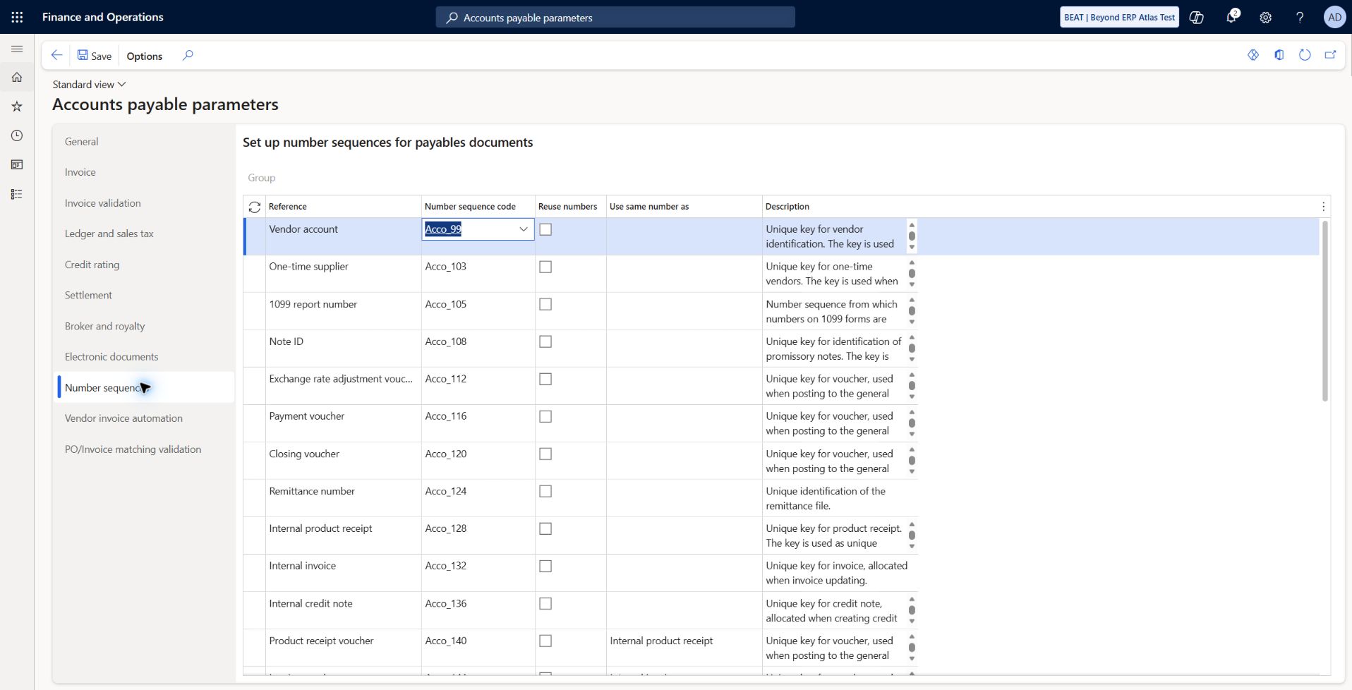 Accounts payable number-sequence references: Visible BEAT references include vendor Acco_99, payment voucher Acco_116, internal receipt Acco_128, internal invoice Acco_132, receipt voucher Acco_140 and invoice voucher Acco_144. Successful posted transactions separately verify effective allocation; the image is not a test of every sequence.