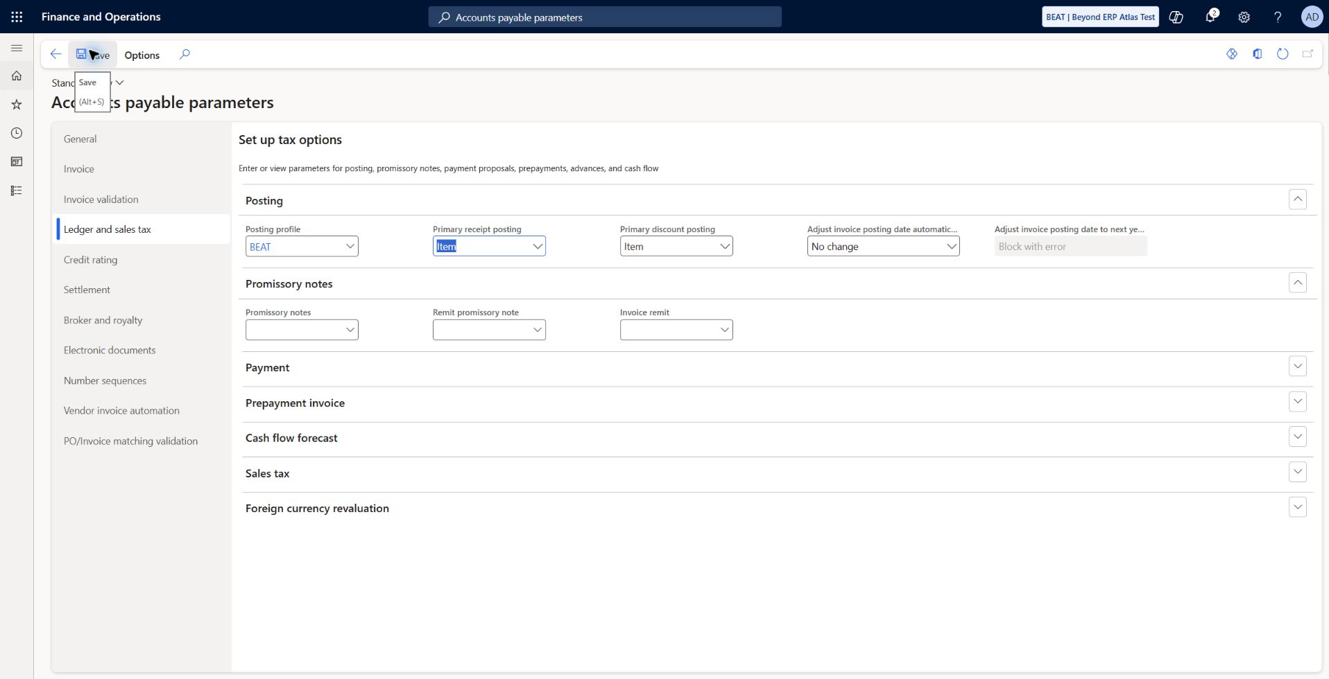 AP parameters: default posting: Default Posting profile BEAT, saved and read back. Document defaults and voucher posting remain to be tested.
