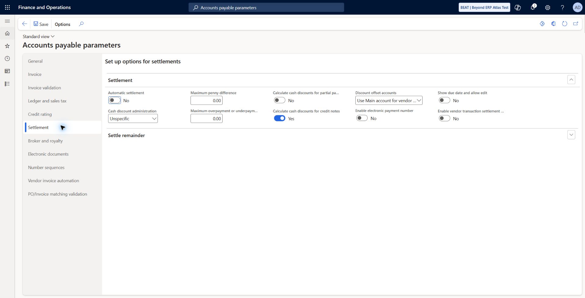Vendor settlement defaults: Automatic settlement No; penny difference and over/underpayment 0.00; partial-payment cash discounts No. Core payment explicitly marked and fully settled its invoice. Partial settlement and automatic settlement variants remain untested.