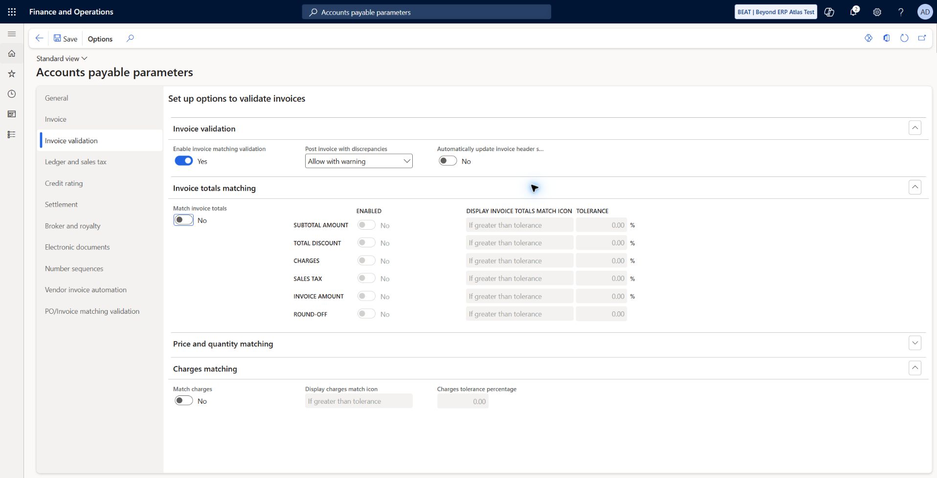 Invoice totals matching disabled: Match invoice totals No, individual totals tolerances disabled at 0.00. This records current BEAT setup, not a demonstrated totals matching control.
