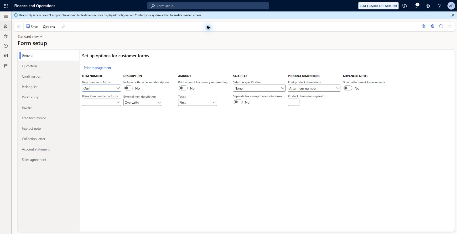 Document dimension access limitation: Visible application message: read-only access does not support non-editable dimensions for displayed configuration. AP dimension selections also did not persist. Dimension editing unresolved; no changed print behavior claimed.