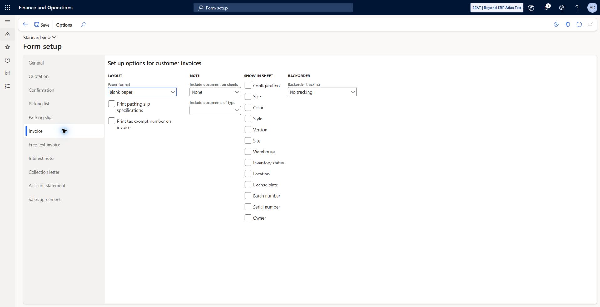 AR sales invoice document settings: Blank paper, packing-slip specifications unchecked, tax-exempt number unchecked, documents None, displayed dimension flags unchecked, backorder No tracking. Actual report rendering/printing remains unexecuted; dimension access limitation recorded separately.