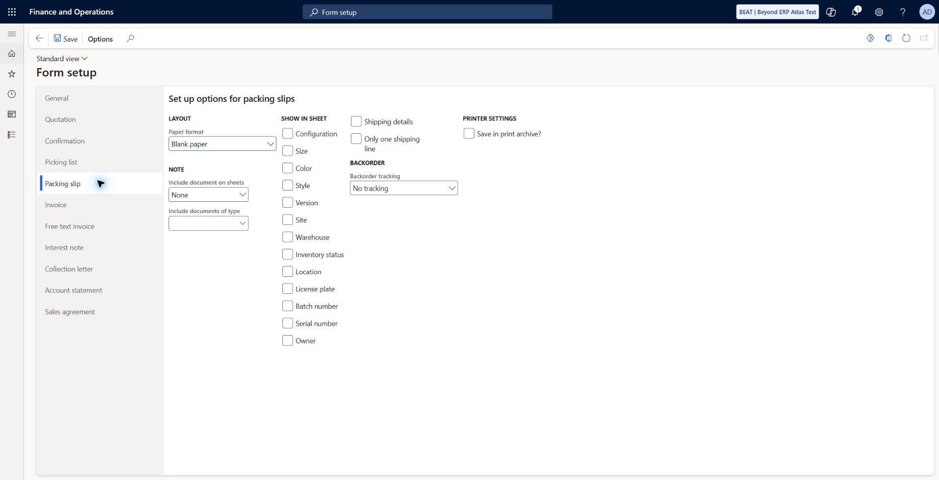 AR delivery document settings: Blank paper, documents None, displayed dimension flags unchecked, shipping details unchecked, only-one-shipping-line unchecked, backorder No tracking, Save in print archive unchecked. Core delivery posted but printed document/archive output remains unexecuted.