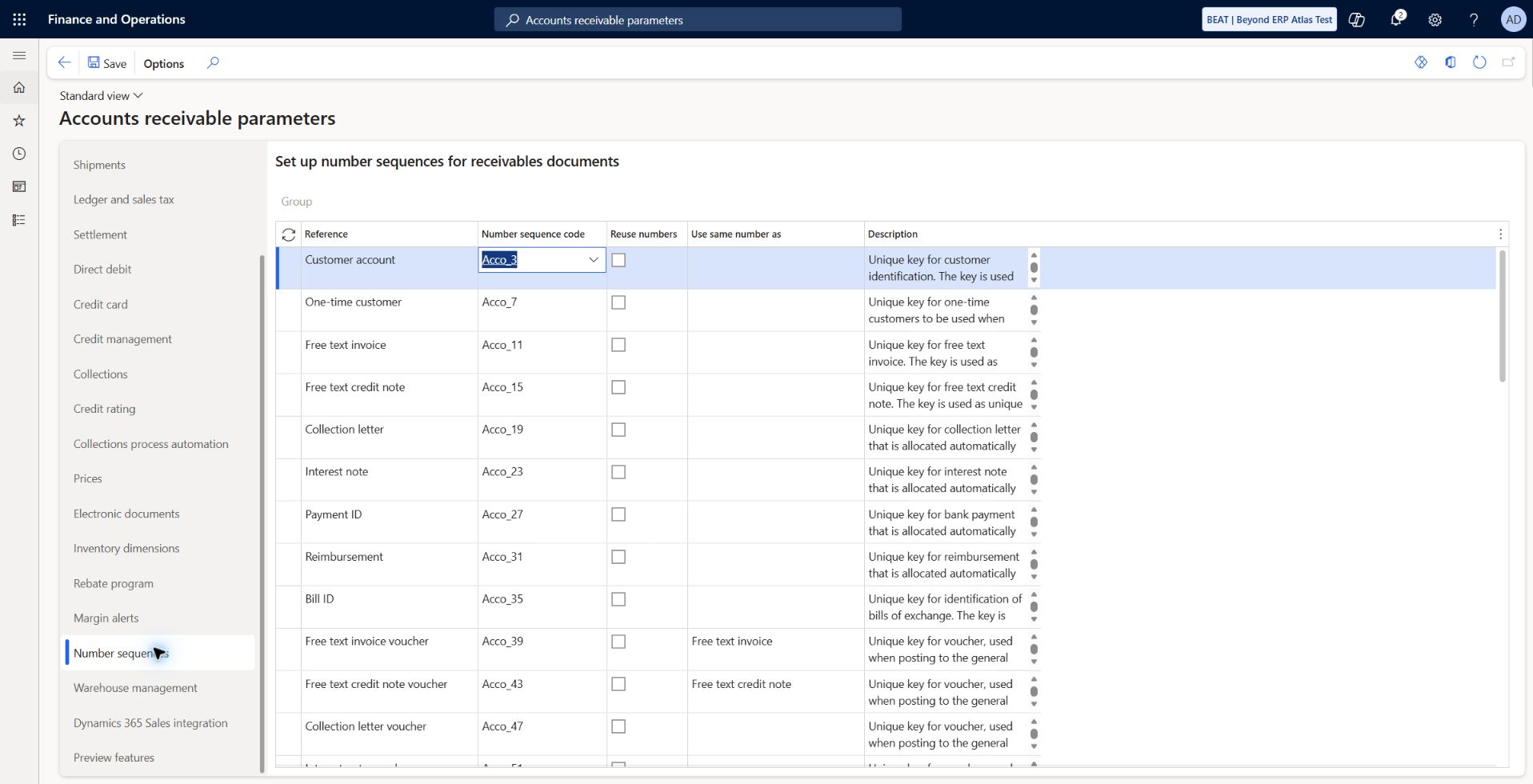 AR parameters: number sequences: BEAT-only wizard proposals generated after removing temporary proposals whose format did not contain BEAT-. Customer account Acco_3, free text invoice Acco_11 and free text invoice voucher Acco_39 read back. Other companies were excluded from generation.