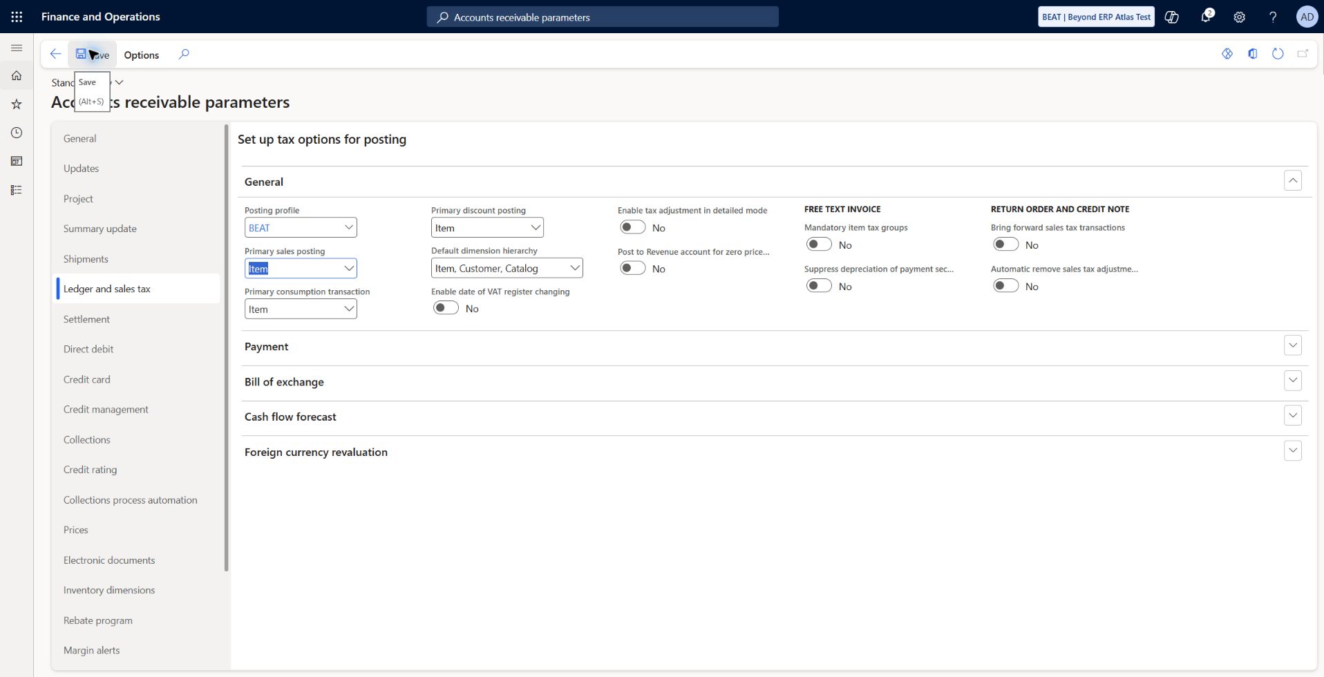 AR parameters: default posting: Default Posting profile BEAT, saved and read back. Document defaults and voucher posting remain to be tested.