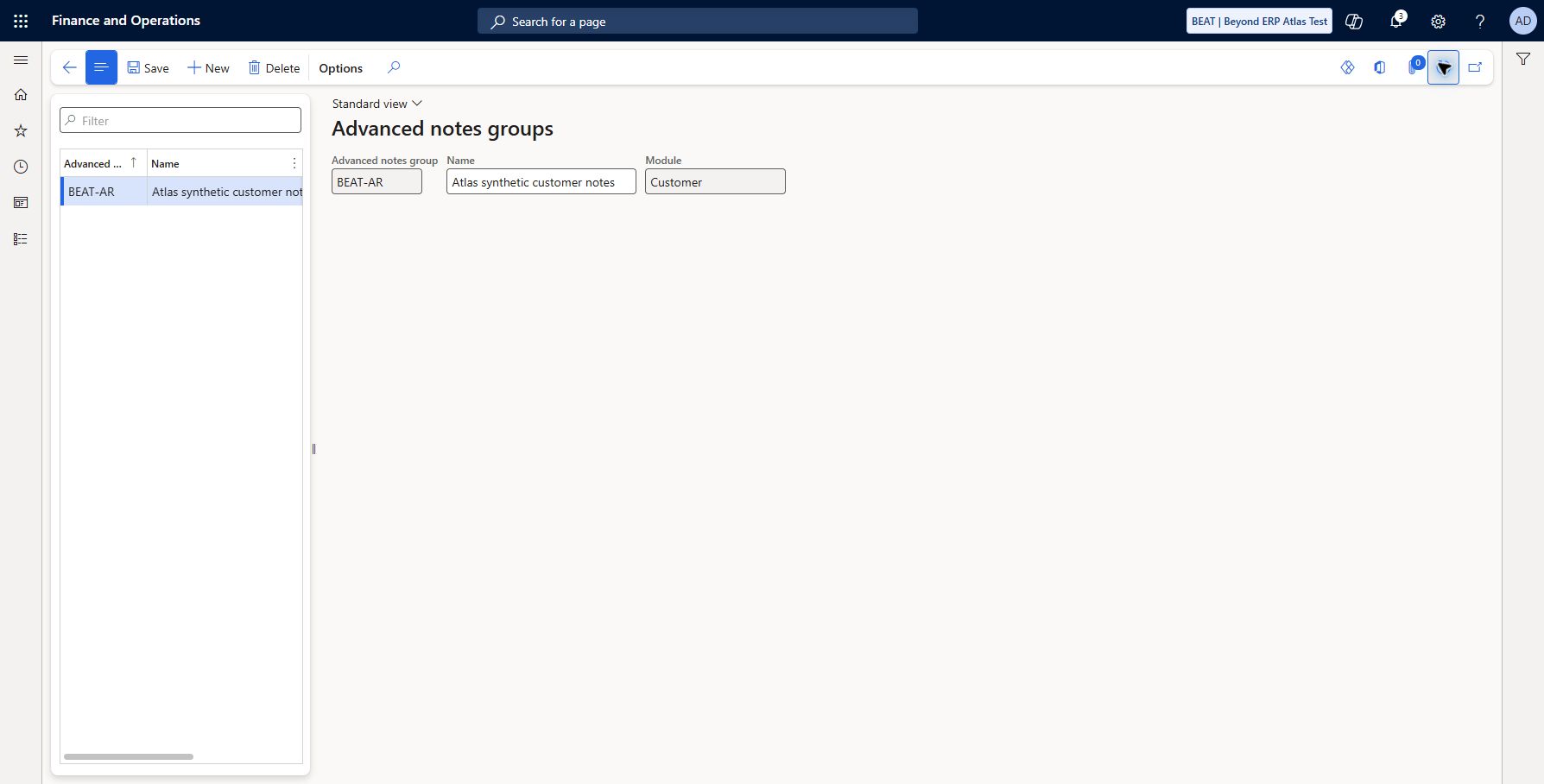 Set up Customers advanced notes groups — BEAT: Accounts receivable > Setup > Advanced notes > Customers advanced notes groups: BEAT-AR / Atlas synthetic customer notes / Module Customer saved/refreshed in USA BEAT. Availability of this IT menu does not verify Italian localization or printed-output behavior; assignment/output untested.