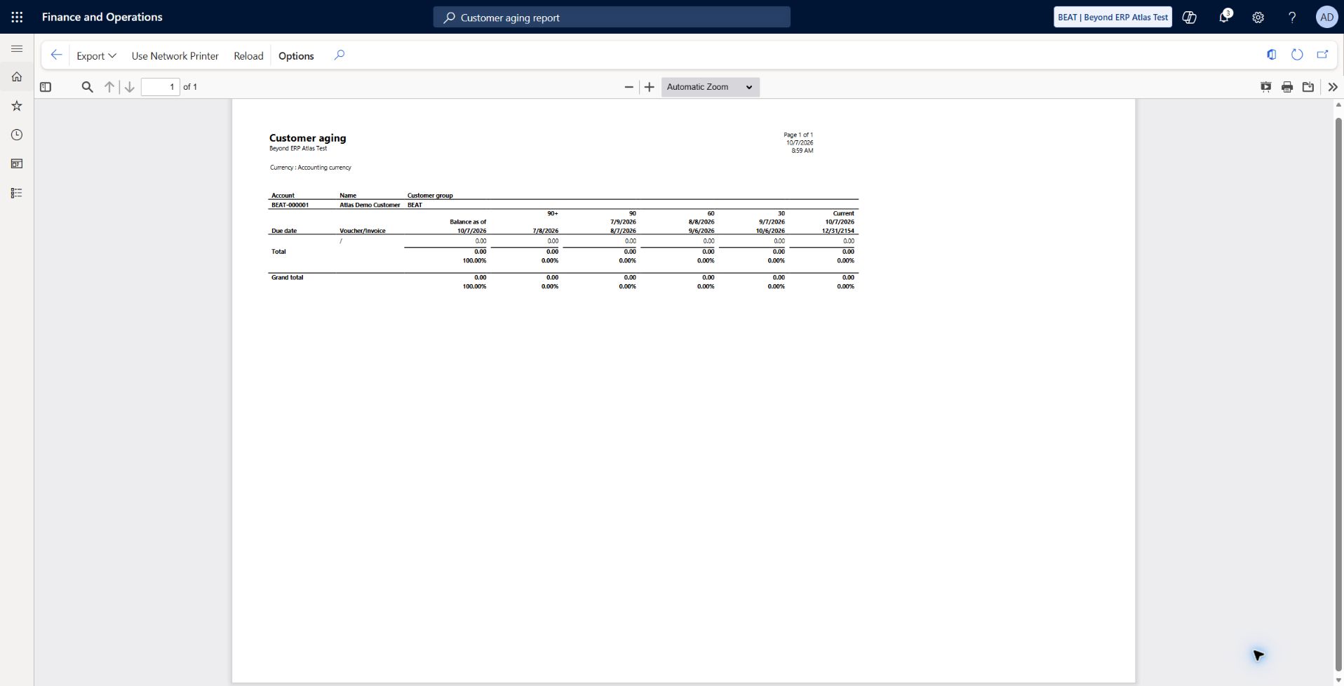 Customer aging report — zero settled balance: BEAT-000001 Atlas Demo Customer report shows cutoff 2026-10-07, five BEAT30 buckets, total and grand total 0.00 USD. This verifies reporting after full settlement, not overdue collections.