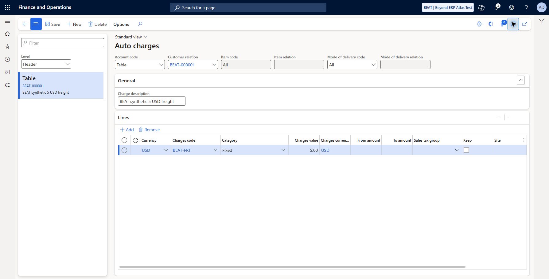 Set up Auto charges — BEAT: Live path Accounts receivable > Charges setup > Auto charges: Header/Table customer BEAT-000001, All items/delivery modes, description BEAT synthetic 5 USD freight, one USD BEAT-FRT Fixed 5.00 line, Keep No; saved/refreshed and unused blank line removed. Catalog hierarchy includes Setup. Future synthetic customer orders may receive the charge; application and posting remain untested.