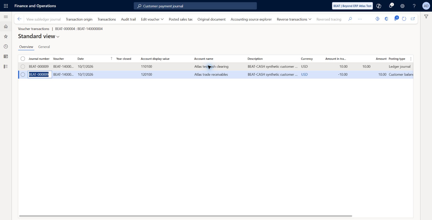 BEAT-CASH customer receipt GL verified: Current 2026-10-07 GL BEAT-000009 / BEAT-140000004: customer balance 120100 -10 USD, Ledger clearing 110100 +10 USD. Opposite voucher and settlement checked separately.