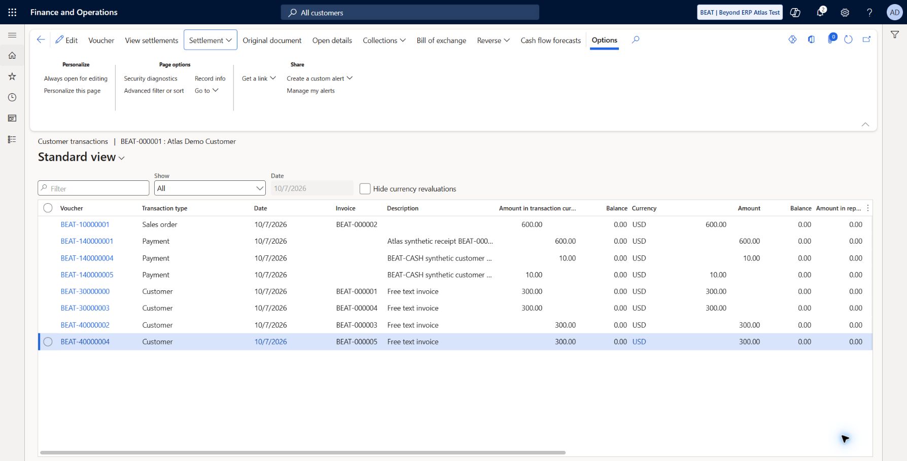 BEAT-CASH customer test fully settled: BEAT-140000004 and BEAT-140000005: opposite 10 USD customer entries fully settled; remaining transaction/accounting balances 0.00, Last settlement and Closed date 2026-10-07. Synthetic ledger-clearing method test; bank and file integration variants unexecuted.
