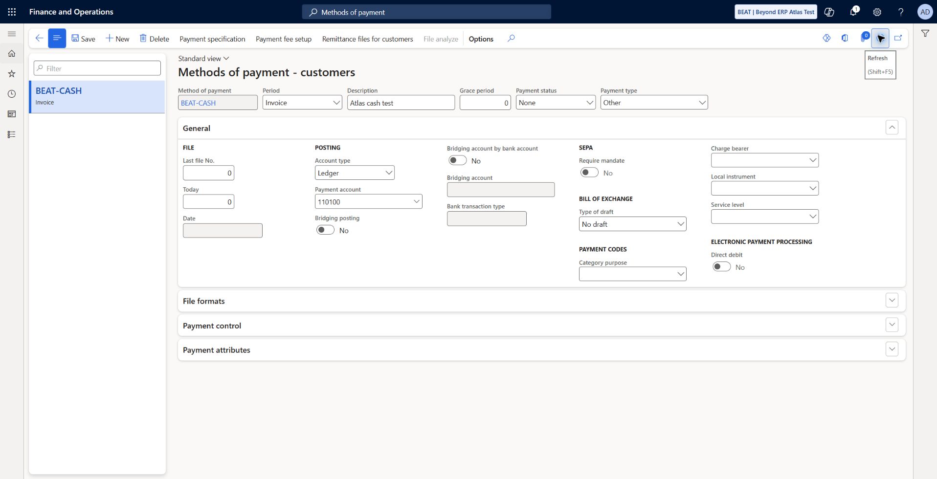 Customer ledger-clearing payment method saved: Setup capture checkpoint before functional tests: BEAT-CASH / Atlas cash test saved and refreshed: Period Invoice, payment status None, payment type Other, Account type Ledger, payment account 110100, bridging No, No draft. Bank files/direct-debit/SEPA and transactions using this new method remain unexecuted. Subsequent bounded ledger-clearing posting and settlement tests passed; see later linked evidence.
