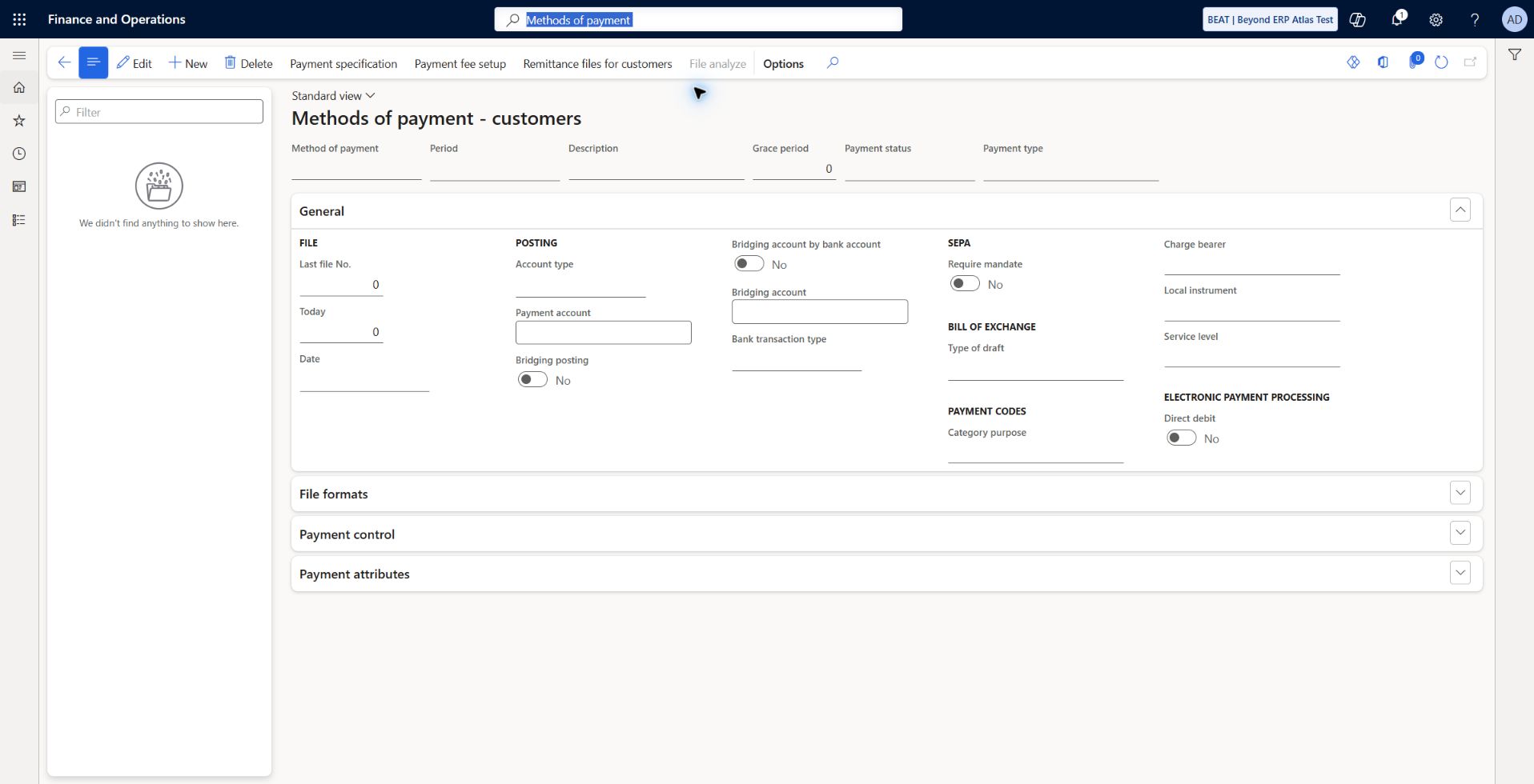 Customer payment methods before setup: Historical baseline: BEAT customer methods list was empty before BEAT-CASH creation. Core receipt journal had no method; bank-file/payment-gateway variants not verified.