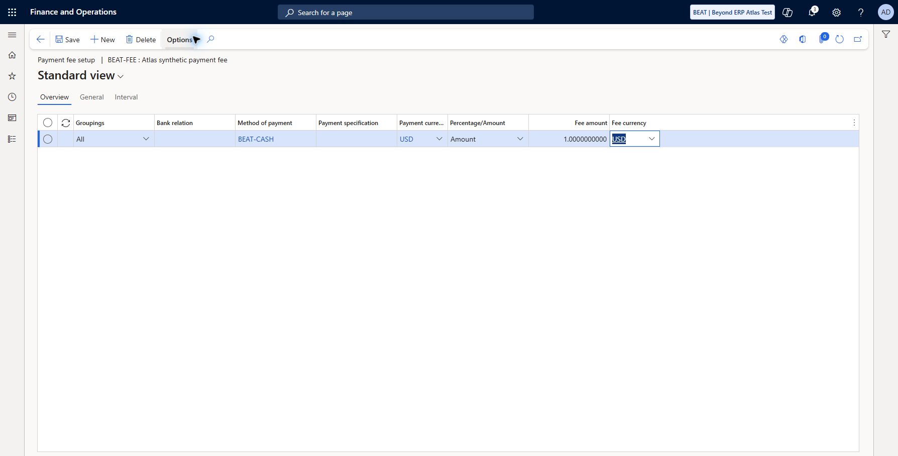 Customer payment fee: Accounts receivable > Payments setup > Payment fee > Payment fee setup. Saved BEAT-FEE synthetic fee with Customer charge and Daily journal; rule All banks, BEAT-CASH, USD, Amount 1 USD. No bank information supplied. Fee application and posting remain untested.
