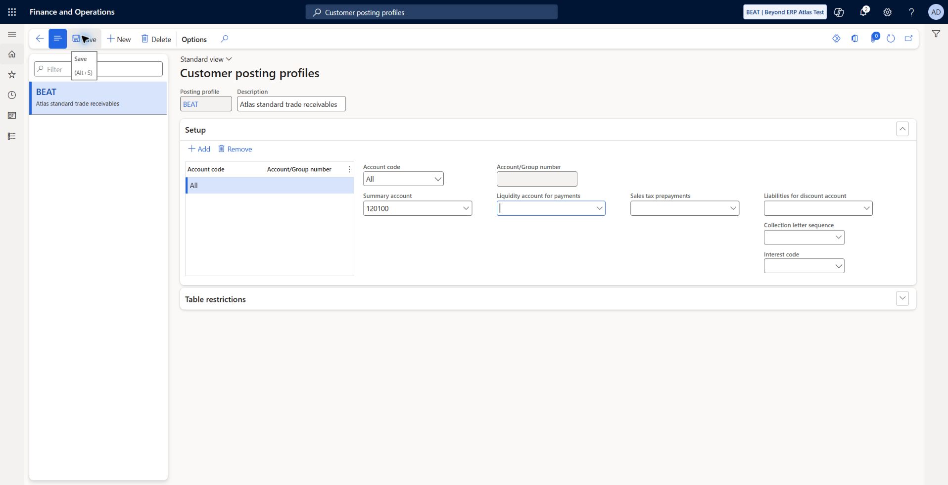 Customer posting profiles: BEAT, Account code All, summary account 120100. Saved and read back.