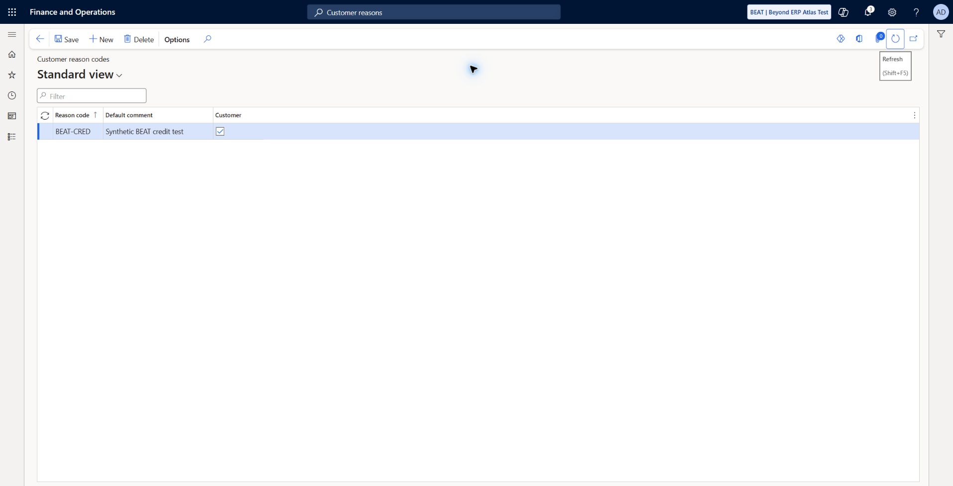 Customer reason codes — BEAT-CRED: Created, saved and refreshed BEAT-CRED with default comment Synthetic BEAT credit test and Customer enabled. Menu navigation directly verified; credit-reference use is a separate transaction test.