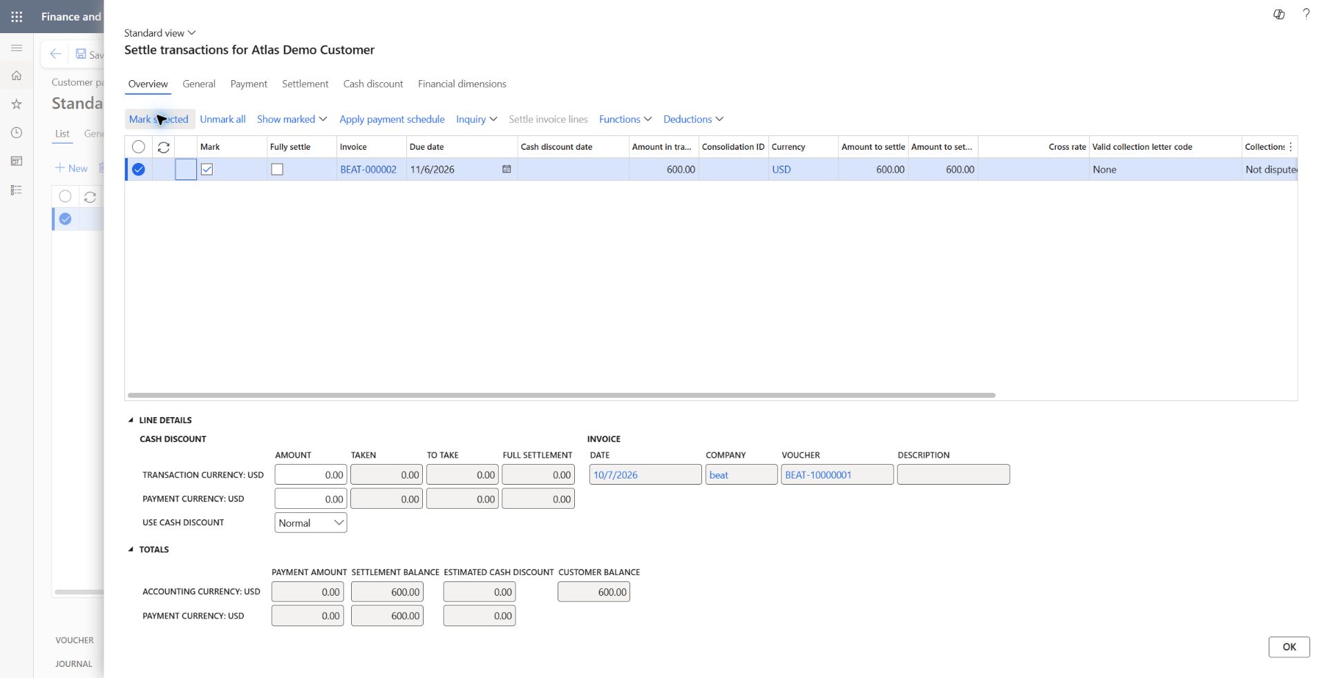 Customer invoice marked for full synthetic receipt settlement: Customer BEAT-000001 invoice BEAT-000002, voucher BEAT-10000001, amount 600 USD, due 2026-11-06. Mark checked, amount to settle 600 USD, cash discount zero. Preparation only; receipt not posted yet.