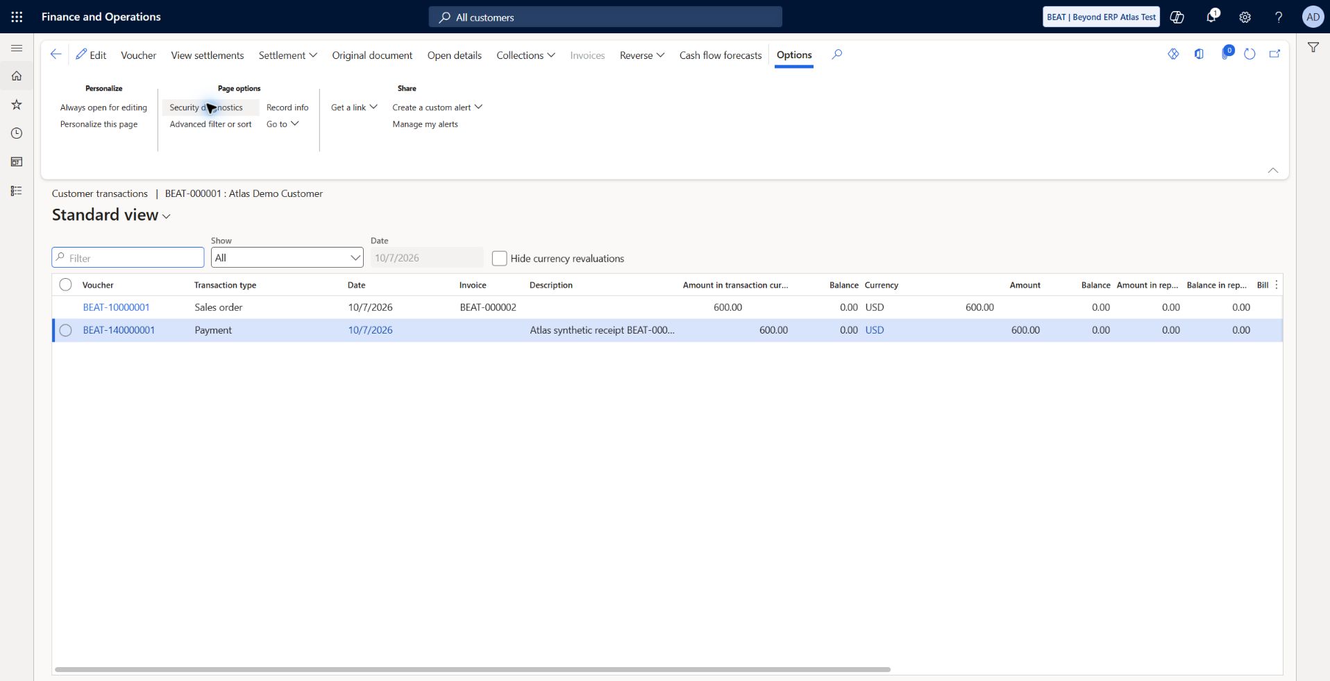 Customer invoice and receipt have zero remaining balances: Invoice BEAT-10000001 / BEAT-000002 and receipt BEAT-140000001 both balance 0.00 USD, closed and last-settlement dates 2026-10-07.