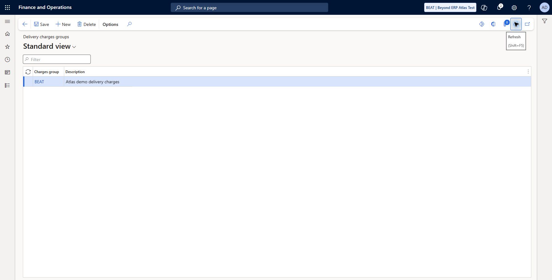 Set up Delivery charges groups — BEAT: Live path Accounts receivable > Charges setup > Delivery charges groups: BEAT / Atlas demo delivery charges saved/refreshed. Catalog hierarchy includes Setup; live menu shows Charges setup directly under Accounts receivable. Delivery assignment/charge application untested.