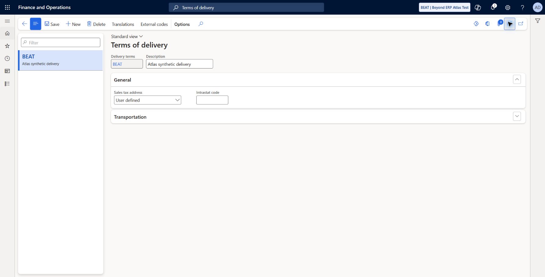 Synthetic BEAT delivery term saved: Accounts payable > Setup > Terms of delivery: BEAT / Atlas synthetic delivery saved and refreshed. Sales tax address retains User defined; Intrastat code blank. Transportation settings, order assignment and document behavior not tested. Test3 BEAT 2026-10-07, application 10.0.47.