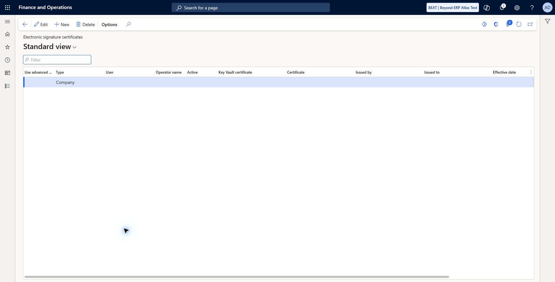 Set up Electronic signature certificates — BEAT: Accounts receivable > Setup > Electronic signature certificates observed in BEAT: no active populated certificate, issuer, subject or validity dates. Requires an appropriate certificate/Key Vault configuration and signing scope from the owner; none supplied. No certificate generated/imported or signing activated. This is dependency evidence, not positive configured setup.