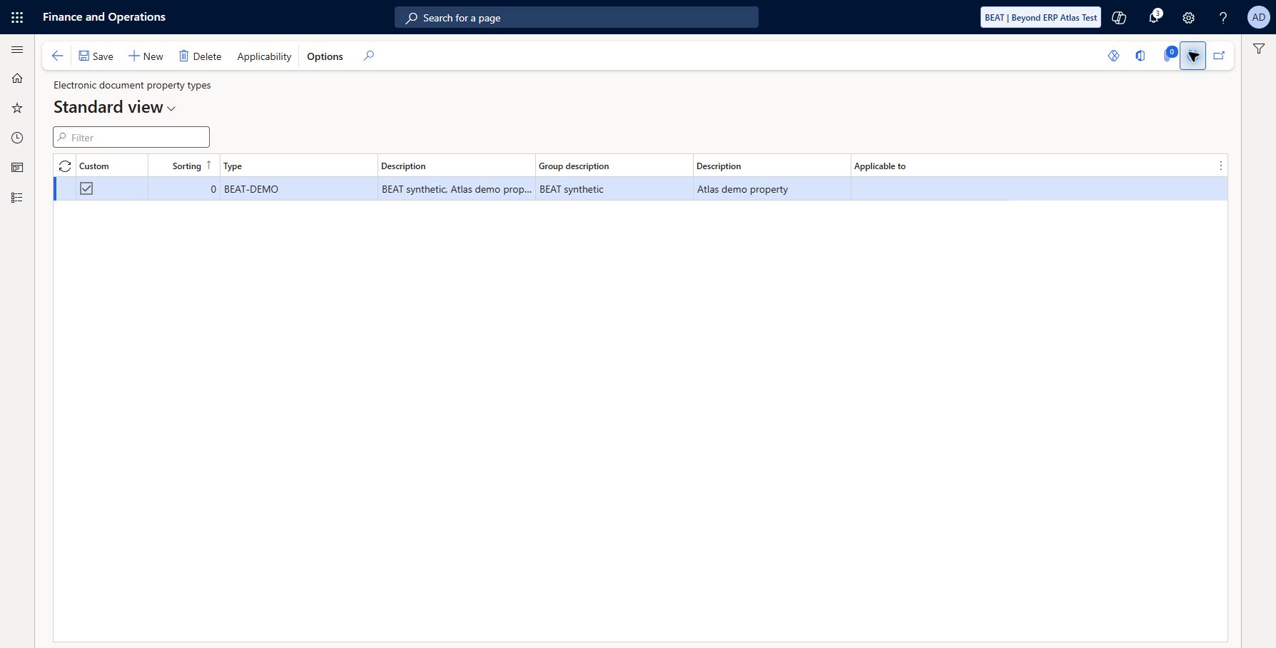 Set up Electronic document property types — BEAT: Accounts receivable > Setup > Electronic document property types: custom BEAT-DEMO / BEAT synthetic / Atlas demo property saved/refreshed, Sorting 0. Applicable to remains blank. Applicability lookup returned no choices and a multiple-form lookup message; no applicability mapping or e-invoice configuration/transmission verified. Saved type alone is incomplete functional setup.