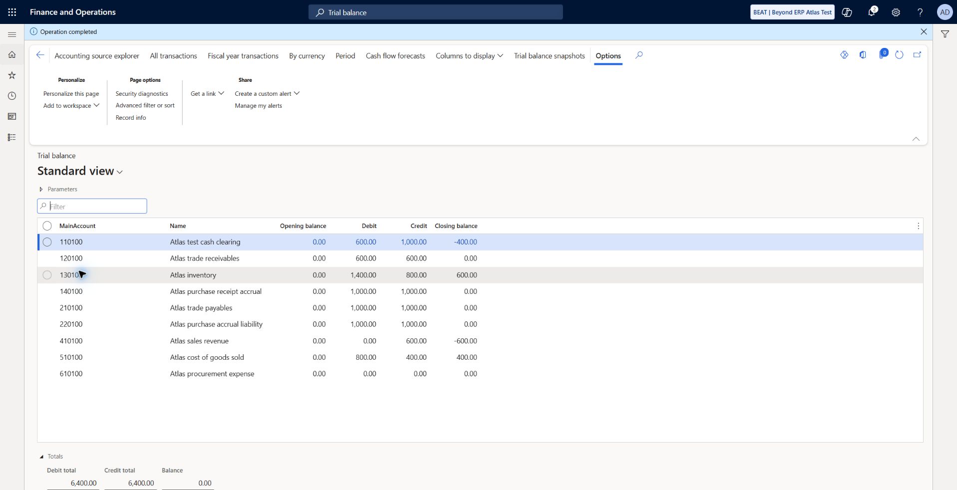 Final BEAT trial balance reconciled: Main account set, Current layer, calendar 2026: 110100 -400, 120100 0, 130100 +600, 140100 0, 210100 0, 220100 0, 410100 -600, 510100 +400, 610100 0 USD. Debit/credit totals 6400 each; balance zero. Create balances initialized standard reporting summaries after empty-sandbox warning; All legal entity context was fixed in the first initialization dialog.
