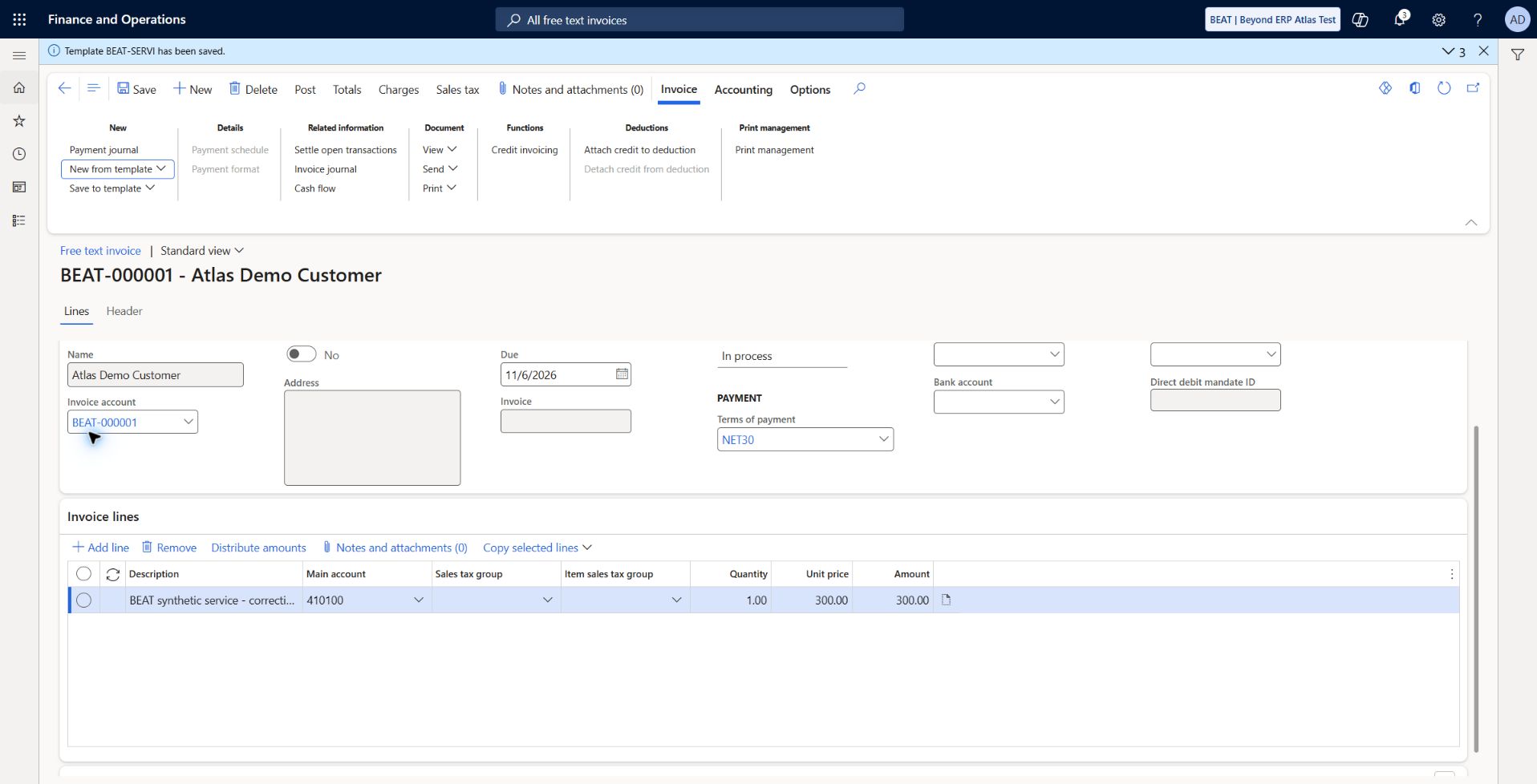 Invoice created from BEAT-SERVI template: Created new draft from BEAT-SERVI for customer BEAT-000001 using customer defaults. Copied service description, main account 410100, quantity 1 and unit price/amount 300 USD; NET30 due 2026-11-06. The draft is subsequently used for a credit memo test; no recurring batch execution claimed.