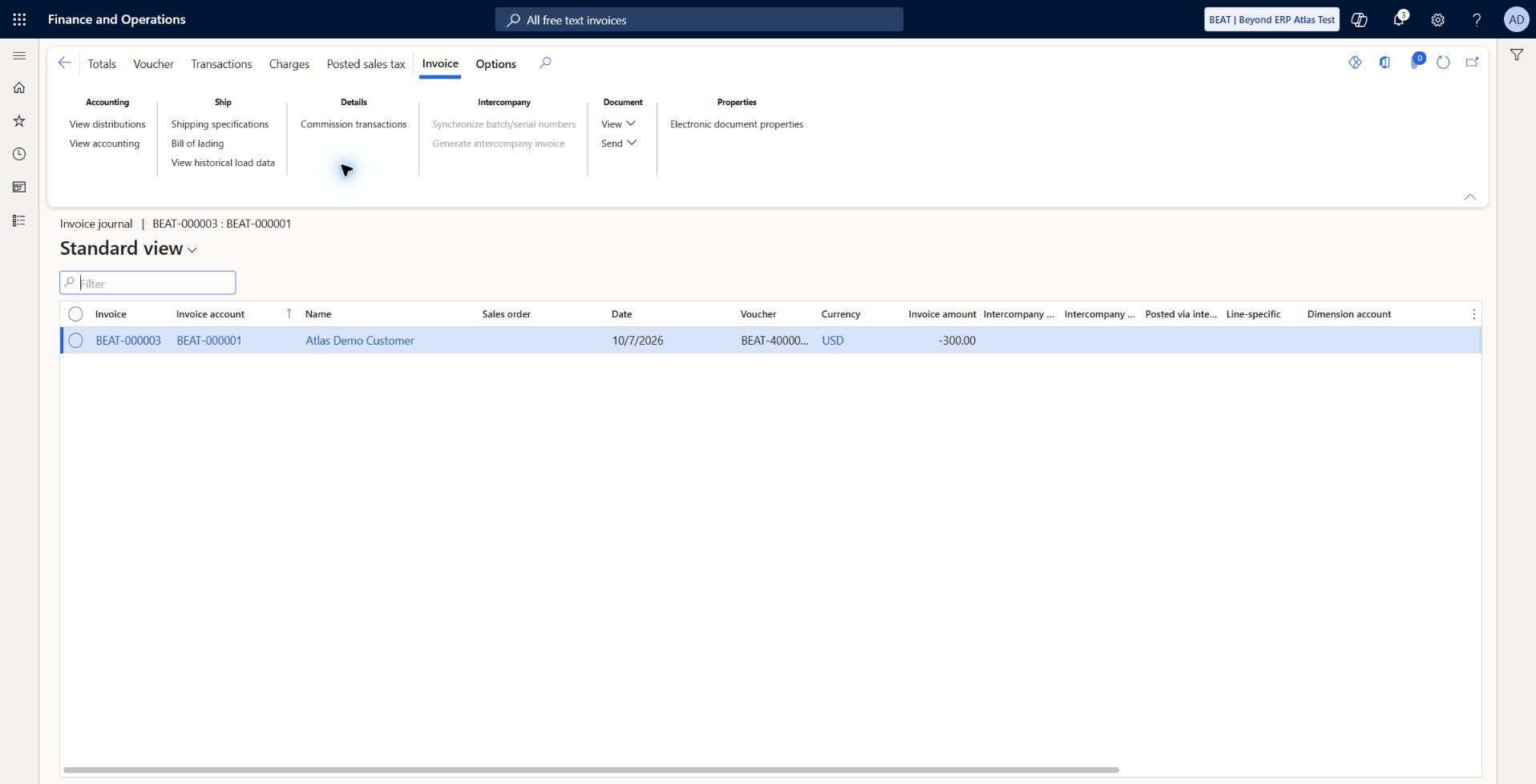 Free-text service credit posted: BEAT-000003 / BEAT-40000002 posted 2026-10-07 for -300 USD, customer BEAT-000001. Fresh credit posted after clearing original-invoice reference that had caused duplicate voucher validation. Settlement and GL readback are separate evidence.