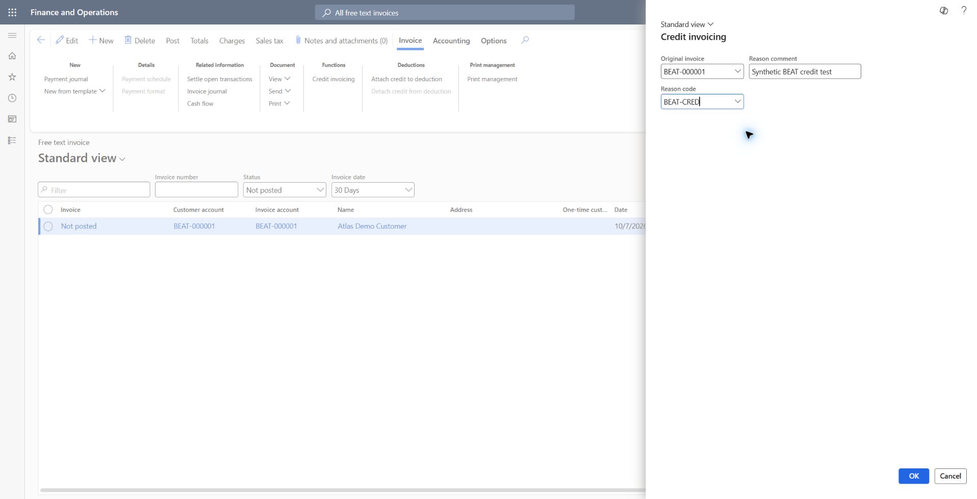 Synthetic credit original invoice and reason: Original invoice BEAT-000001 / voucher BEAT-30000000 / 300 USD selected; reason BEAT-CRED, Synthetic BEAT credit test. This dialog is a setup/reference checkpoint; subsequent credit posting failed duplicate voucher validation and is not verified.