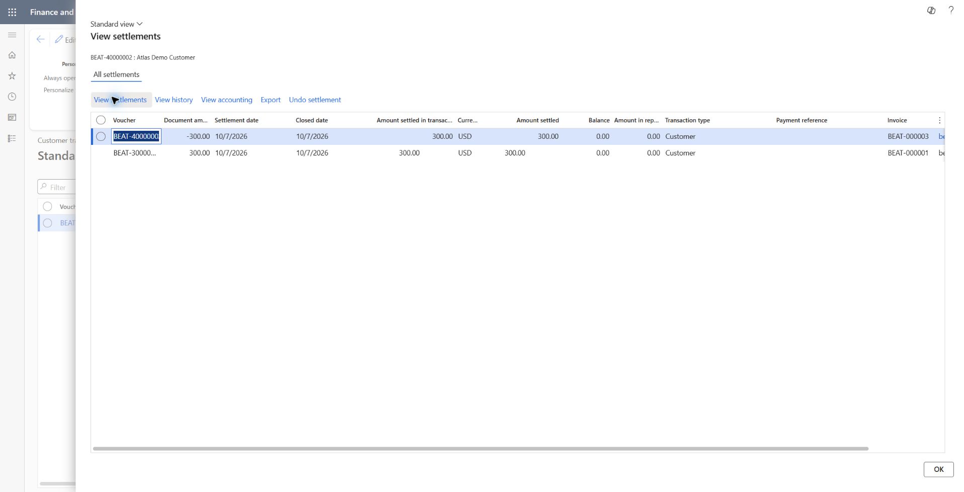 Service invoice and credit fully settled: BEAT-000003 / BEAT-40000002 -300 USD and original BEAT-000001 / BEAT-30000000 +300 USD, each settled 300 USD with balance zero, settlement and closed dates 2026-10-07. Posting reference dialog was cleared; settlement establishes the document linkage. GL readback pending.