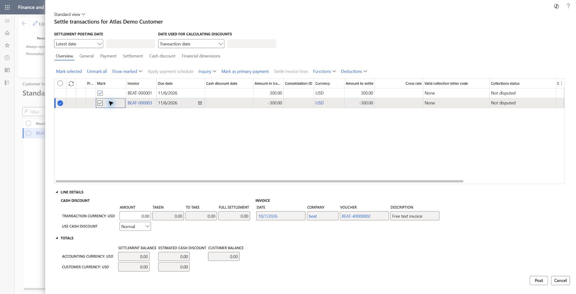 Service invoice and credit marked for settlement: Marked BEAT-000001 +300 USD and BEAT-000003 -300 USD, settlement balance zero, no cash discount. This is a pre-posting checkpoint; remaining balances require post-settlement readback.