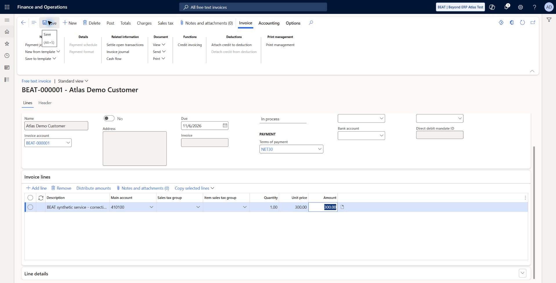 Free-text invoice — saved synthetic service line: Saved draft for BEAT-000001 Atlas Demo Customer dated 2026-10-07, due 2026-11-06, USD NET30; one service line 300 USD, main account 410100. No inventory movement, charges or tax configured. Posting and correction are separate tests.