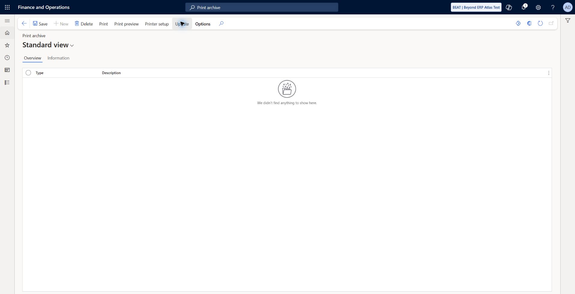 Print archive verification gap: After rendering synthetic BEAT-000004 through print management with Save in print archive selected, Print archive remains empty after Update. Screen rendering passed; persisted archive output not verified. No client records visible.
