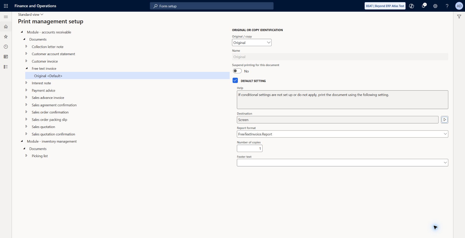 Free-text report Screen destination saved: FreeTextInvoice.Report, Original, default setting, one copy, Suspend printing No. Printer destination was Unavailable; selected Screen and Save in print archive Yes, confirmed OK; returned destination now Screen. Actual report rendering/archive output still pending.