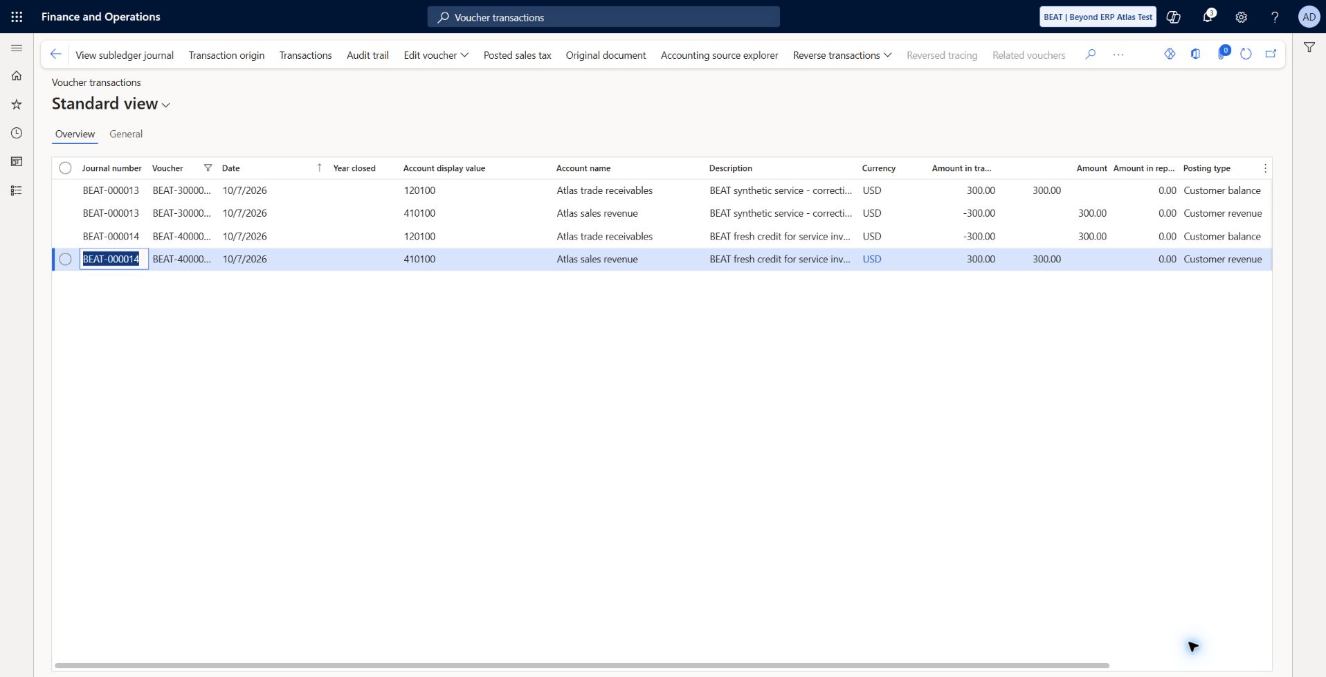 Service invoice and settled credit — GL readback: Current-layer GL journal BEAT-000013 / voucher BEAT-30000000: 120100 +300 USD, 410100 -300 USD. Credit GL BEAT-000014 / BEAT-40000002: 120100 -300 USD, 410100 +300 USD, dated 2026-10-07. Both documents settled; this capture verifies these two vouchers only.