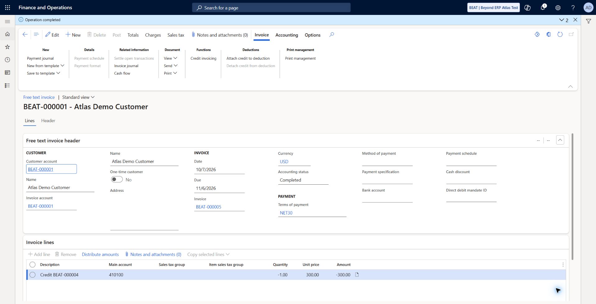Template verification credit posted: Credit BEAT-000005 posted -300 USD, 410100, quantity -1, Accounting Completed after clearing original invoice and reloading saved session. Invoice journal confirms voucher BEAT-40000004. Root cause of original-reference failure unconfirmed.