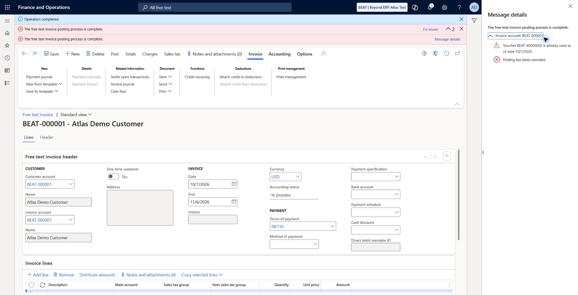 Fresh template draft duplicate-voucher troubleshooting: Fresh unchanged BEAT-SERVI positive 300 USD draft initially failed with voucher BEAT-40000002 already used. After reloading the saved F&O session, the same draft posted as BEAT-000004 / BEAT-30000003. Failure retained as history; exact cache/numbering root cause remains unconfirmed.