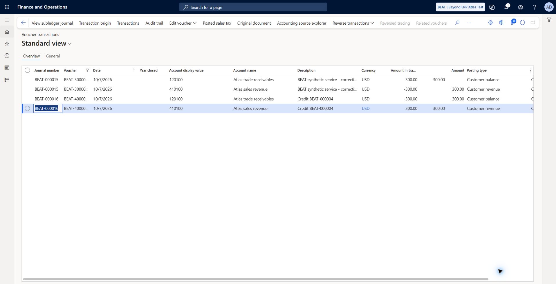 Template invoice and credit GL verified: Current layer 2026-10-07: GL BEAT-000015 / BEAT-30000003 AR 120100 +300/revenue 410100 -300; GL BEAT-000016 / BEAT-40000004 AR -300/revenue +300 USD. Four rows reconcile the posted template test pair.