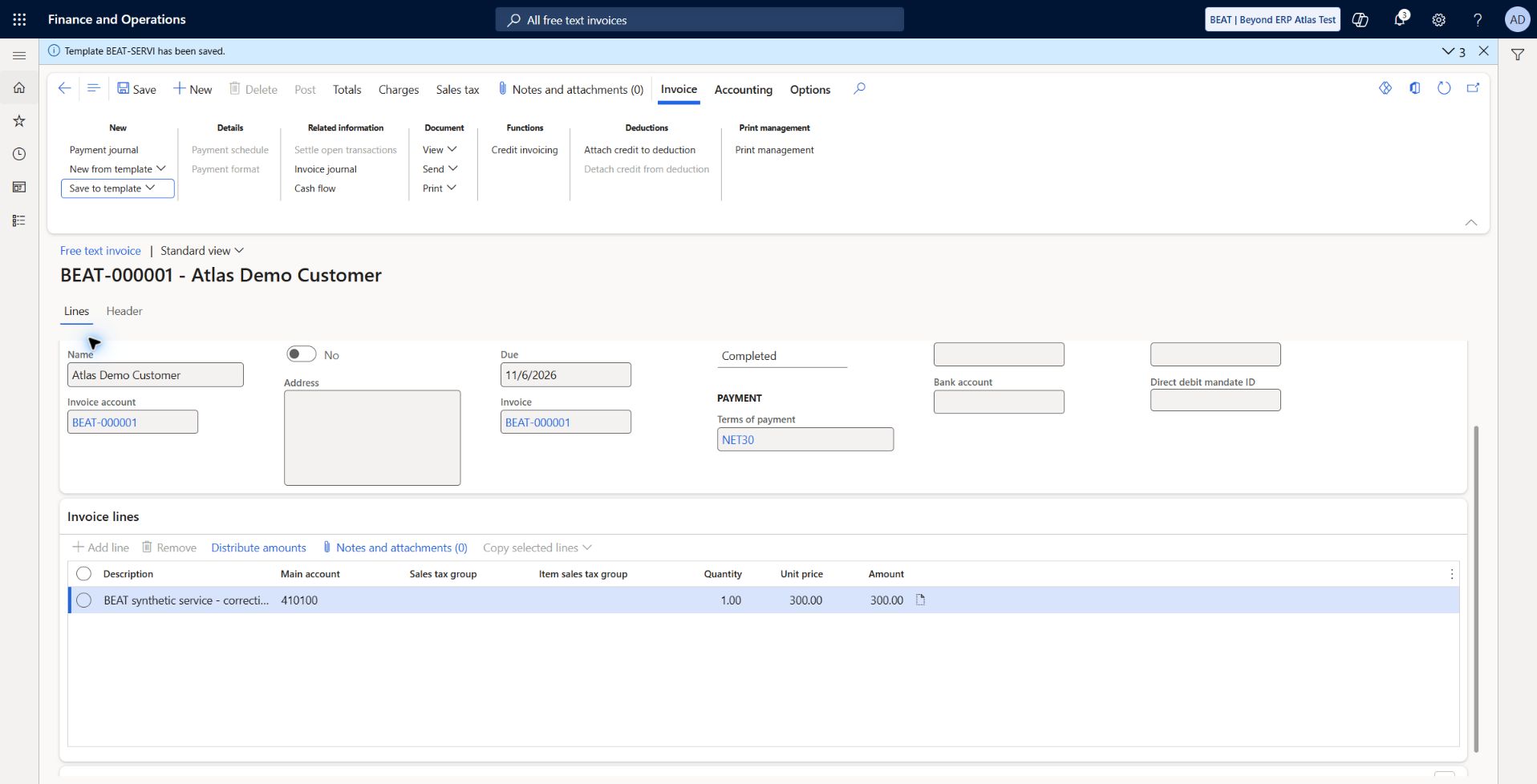 Reusable free-text template saved — BEAT-SERVI: F&O reports Template BEAT-SERVI has been saved. Approved BEAT-SERVICE code was limited to ten characters by the form. Saved from synthetic 300 USD service invoice, revenue 410100, NET30. Creation from template and recurring-generation variants are separate tests.