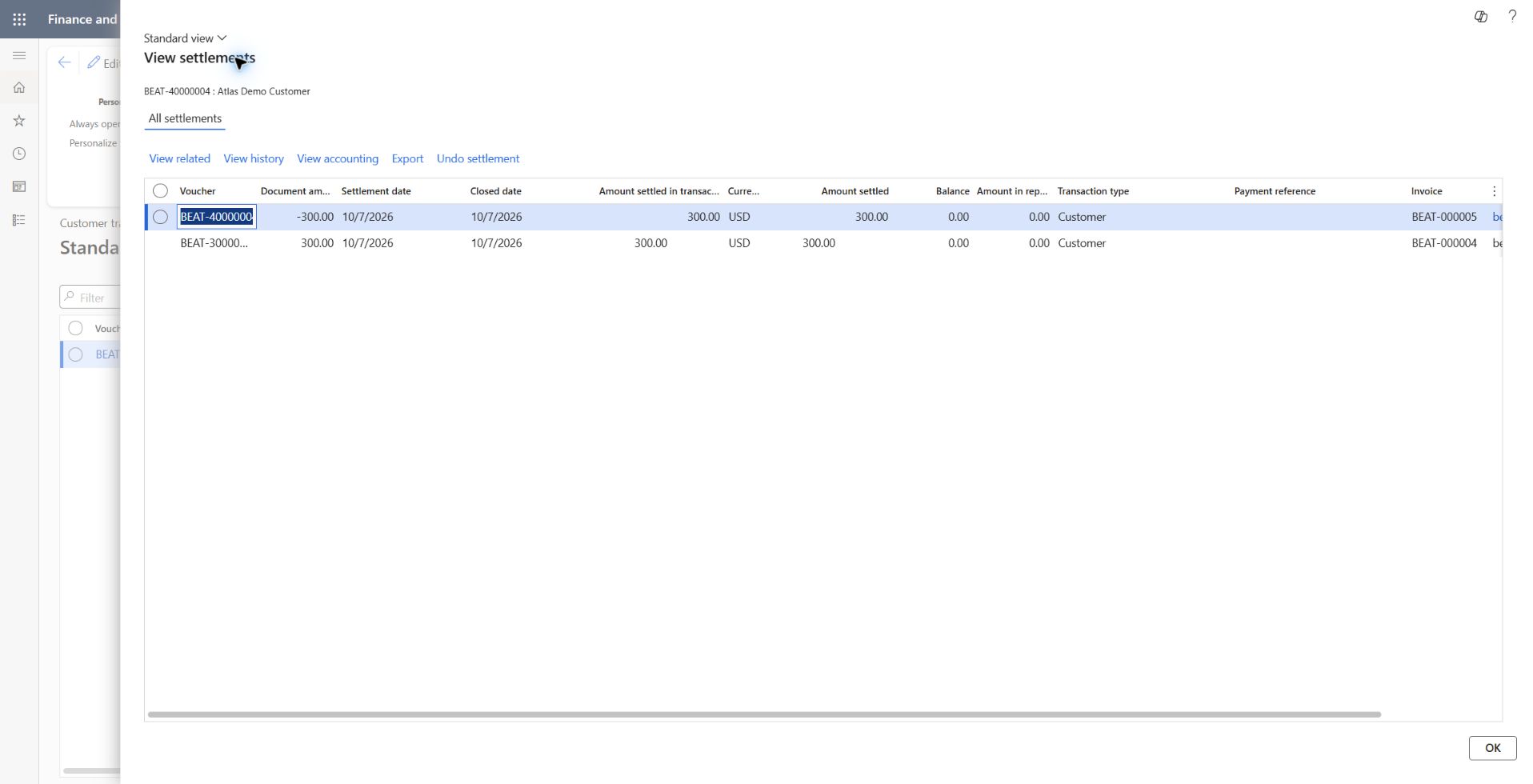 Template test invoice and credit settled: BEAT-30000003 / invoice BEAT-000004 +300 and BEAT-40000004 / credit BEAT-000005 -300 USD both fully settled, zero balances, settlement and closed dates 2026-10-07.