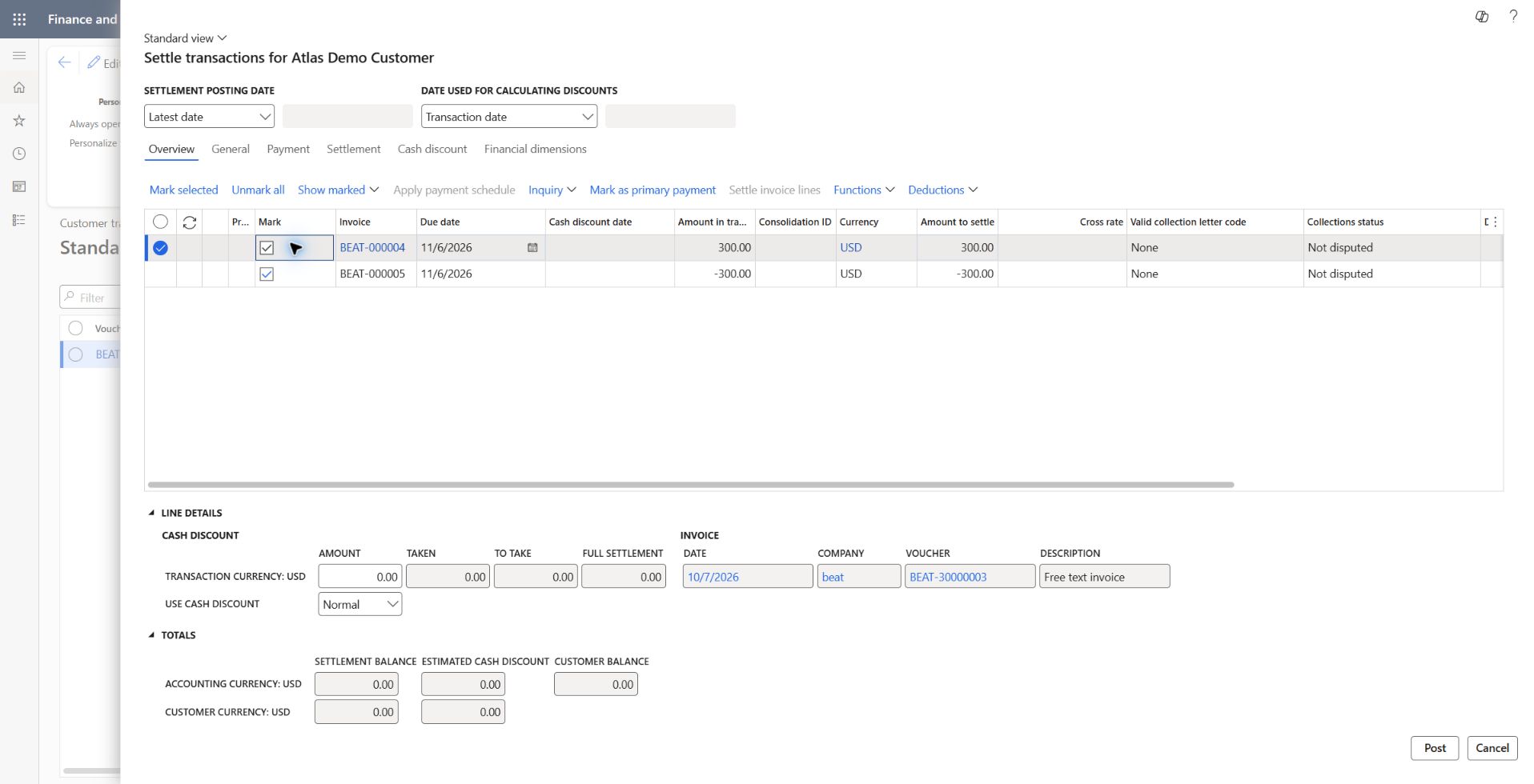 Template test settlement selection: Only BEAT-000004 +300 and BEAT-000005 -300 USD marked; settlement balance zero. Point-in-time selection before posting.