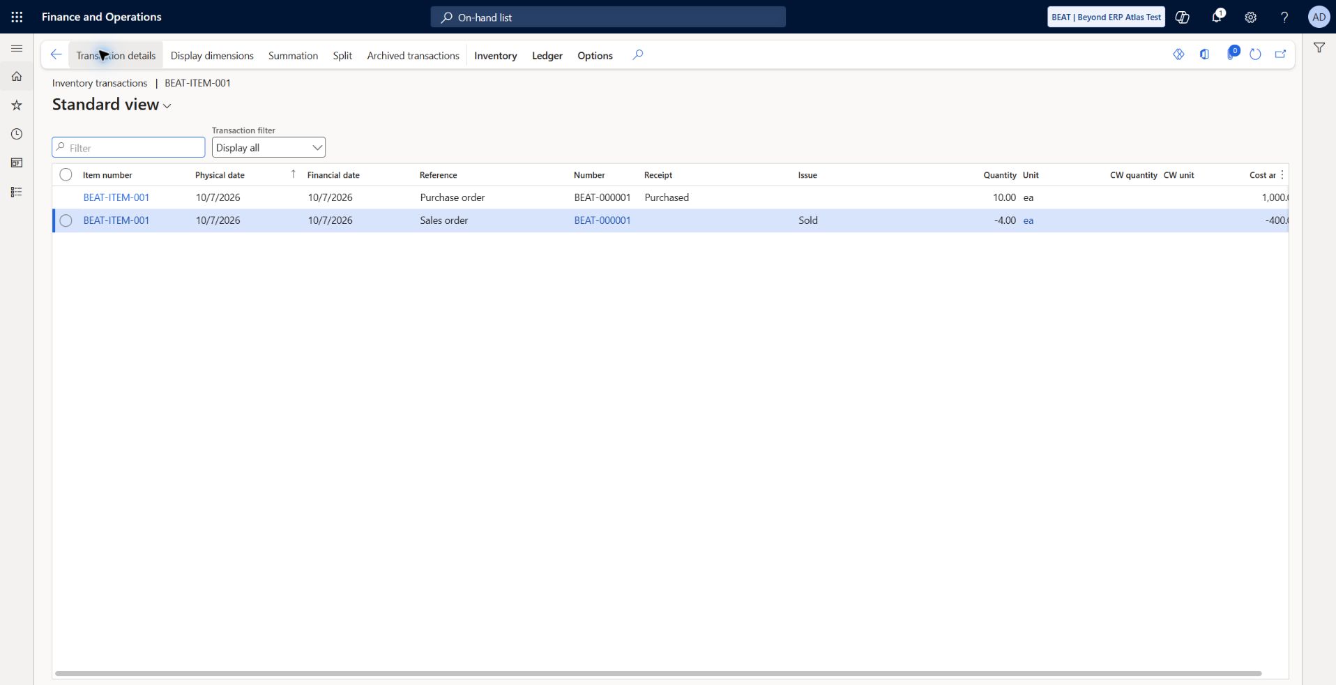 Financial inventory reconciles 1000 receipt and 400 issue: Purchased 10 ea / cost +1000 USD and Sold -4 ea / cost -400 USD; physical and financial dates 2026-10-07. Net six units valued 600 USD.