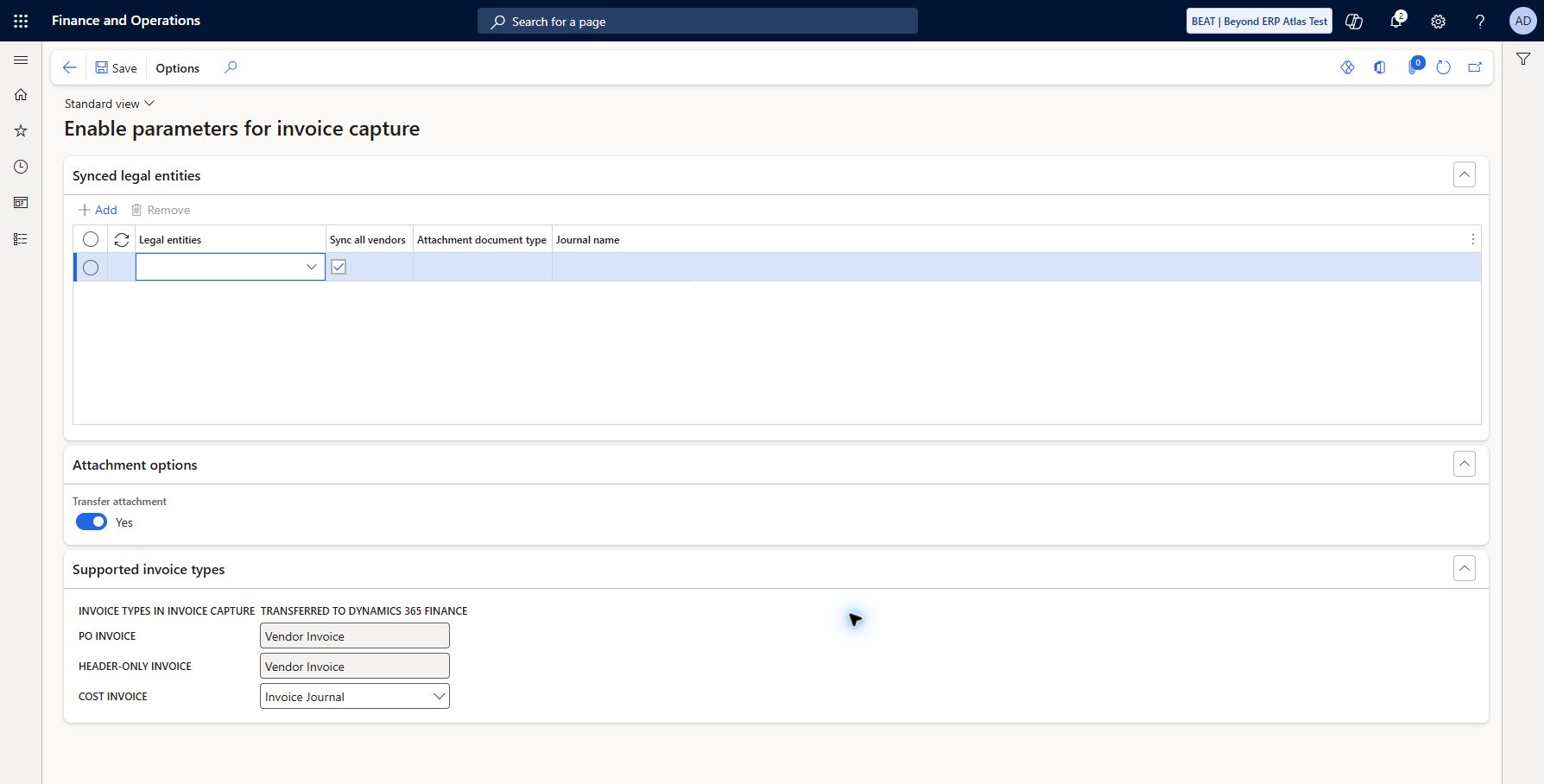 Invoice capture integration prerequisites: Accounts payable > Setup > Invoice capture. Live Enable parameters for invoice capture form exposes no named synced legal entity, no attachment document type/journal mapping; visible blank row defaults Sync all vendors Yes and Transfer attachment Yes. No values saved, sync enabled or data transferred. Requires installed/configured Invoice Capture Dataverse environment, approved connection and explicit BEAT-only mapping before testing synthetic document ingestion.