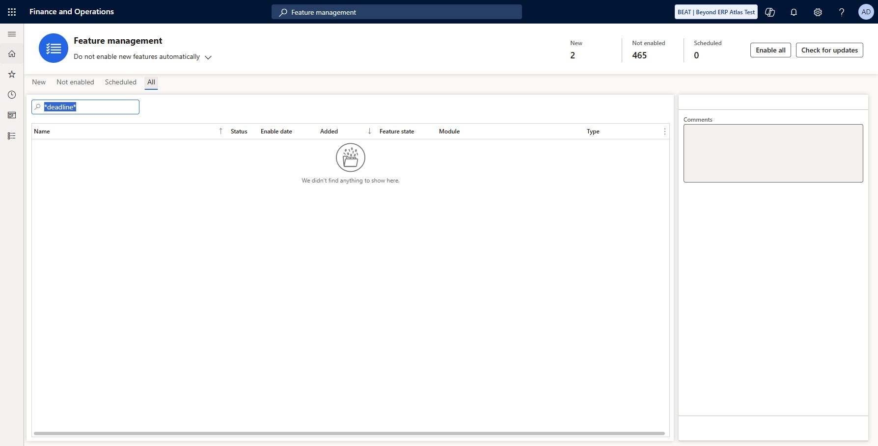 Invoice deadline availability prerequisite not found in feature list: In Test3 Finance 10.0.47, All feature names filtered Invoice issue deadline then *deadline* returned no rows. Microsoft Learn describes Invoice issue deadline availability as a global feature, so USA BEAT alone is not grounds to declare this scenario inapplicable. Feature/list/menu availability remains unresolved; no shared feature flags changed and no deadline control validated.
