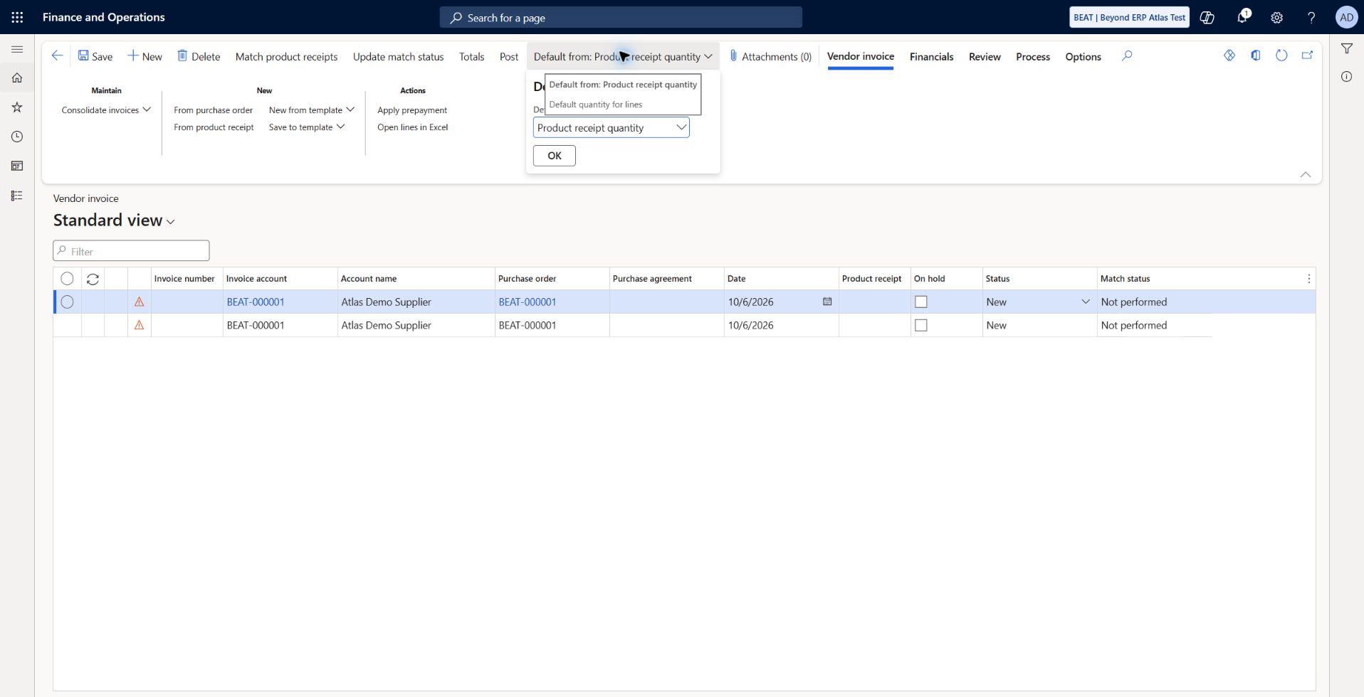 Invoice quantity selection works after activation: Default quantity for lines dialog opens without inactive-dimension error after activation. Ordered-quantity selection is available. This proves prerequisite resolution, not receipt/invoice posting.